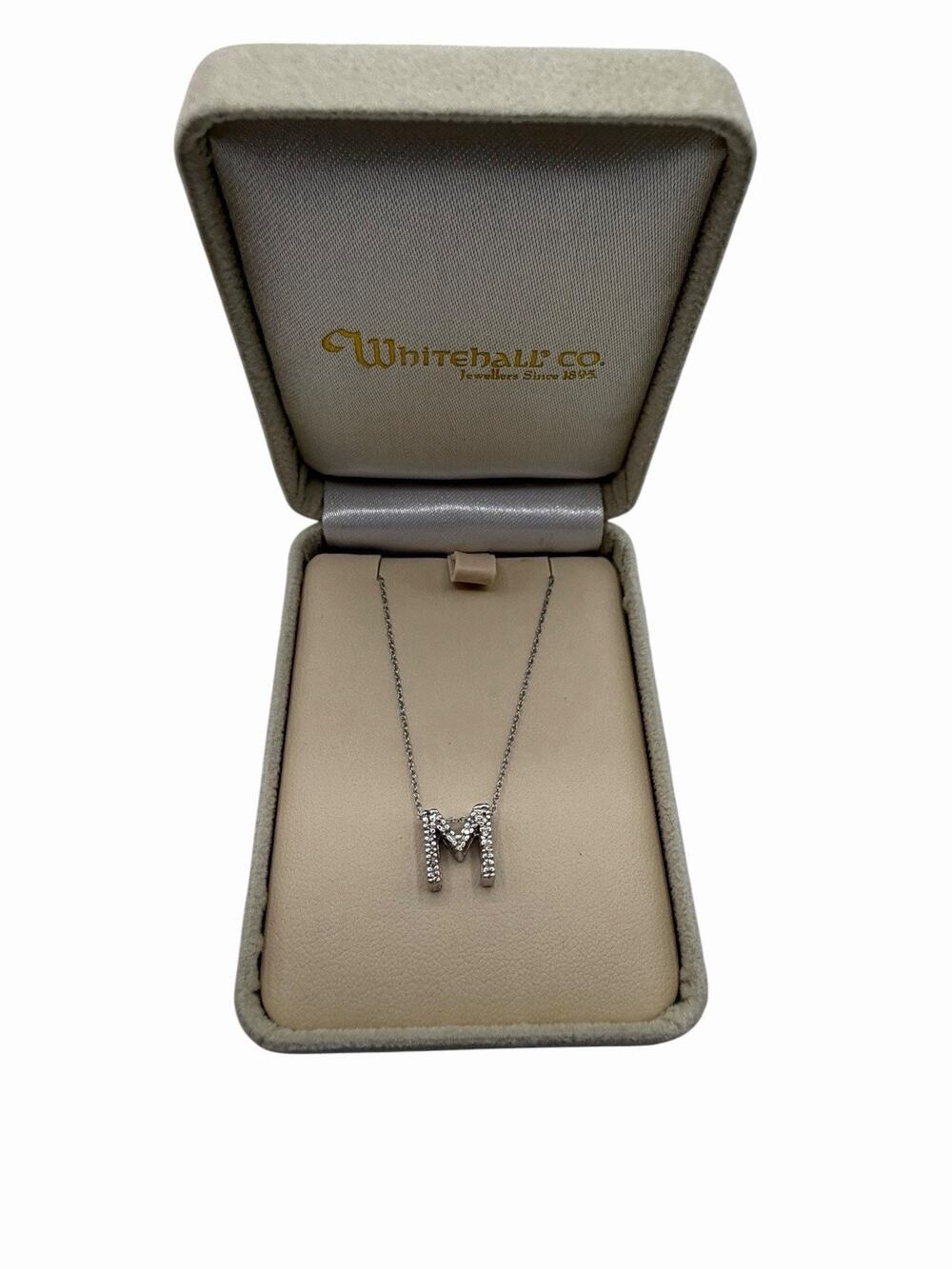 Whitehall Co 14K White Gold Natural Diamond M Initial Necklace Chain 1.58g